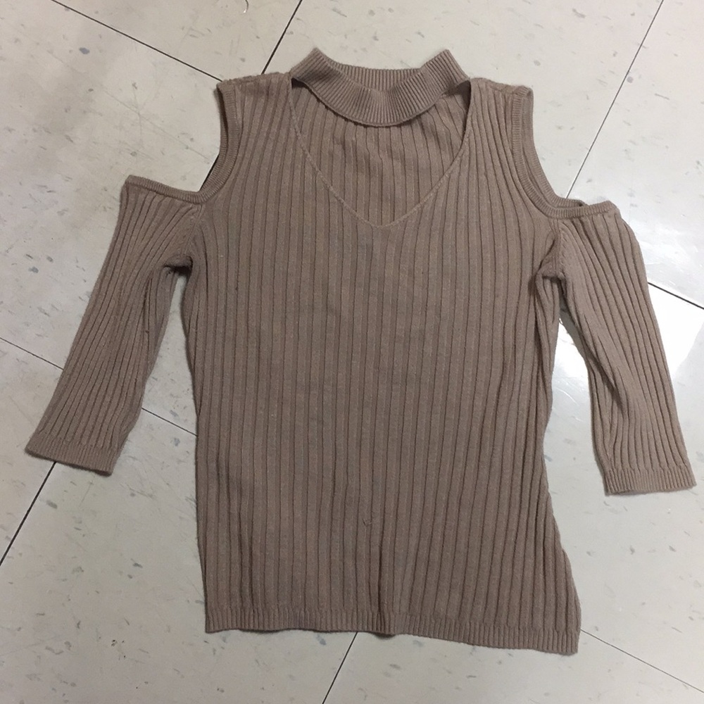 Tan Ribbed Cut-out Top with open shoulder and neck